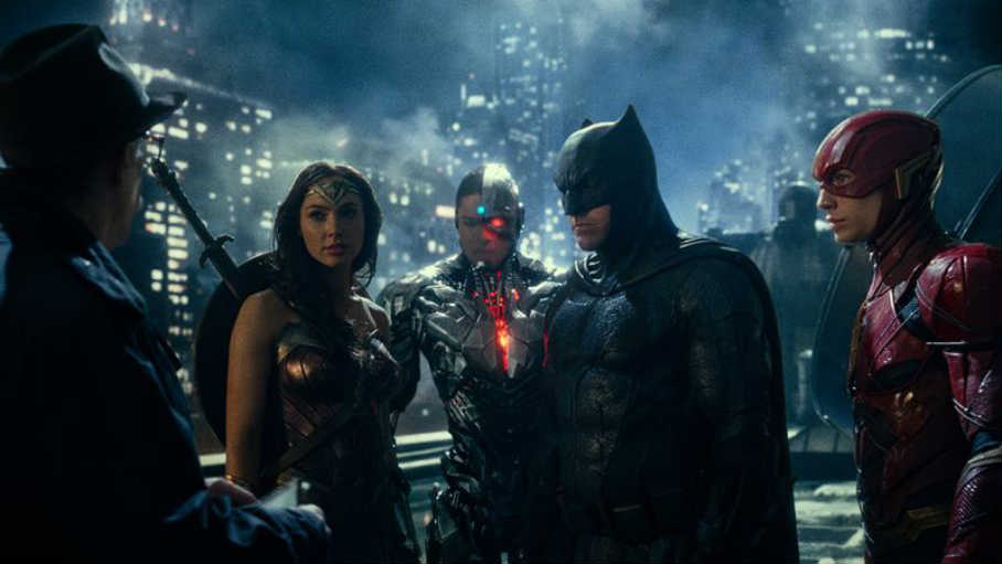 Batman i spółka w filmie Justice League na tle Gotham